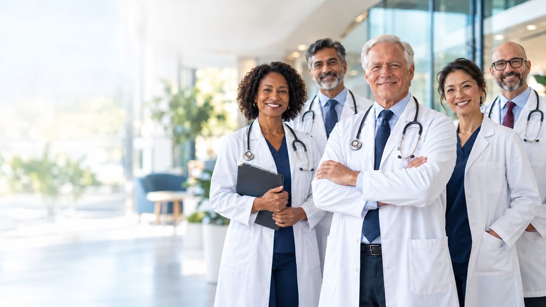 Lächelndes Team aus Ärztinnen und Ärzten in weißen Kitteln in einer hellen Klinikhalle (KI-generiert)